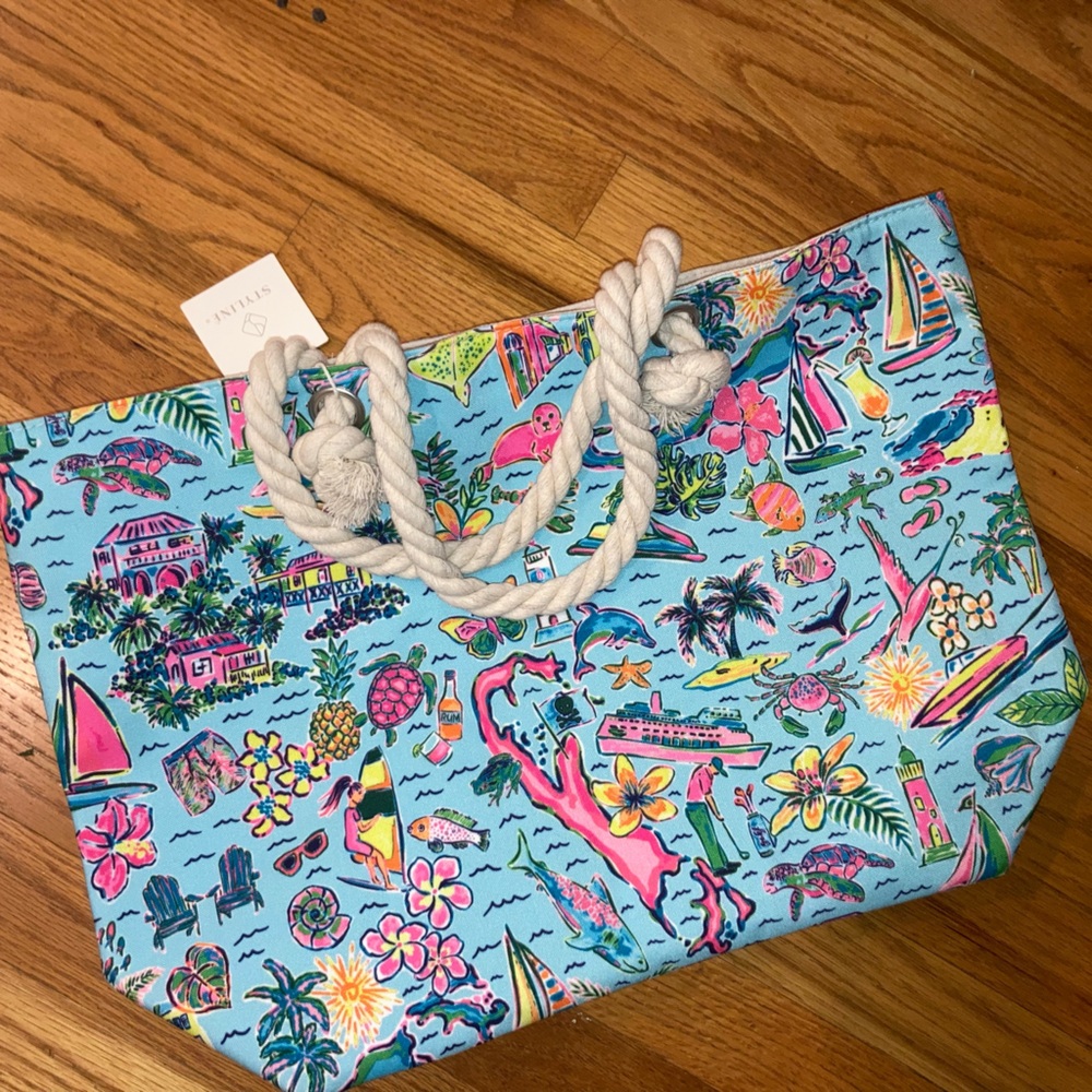 Large Rope Handle Tote with Tropical Fish  Pattern Design - NWT